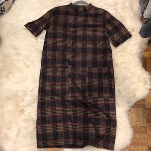 Zara size M plaid midi shift dress with mock neck